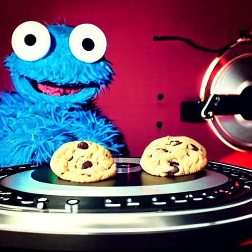 Image similar to “photograph of Cookie Monster as a DJ with turntables that are cookies”