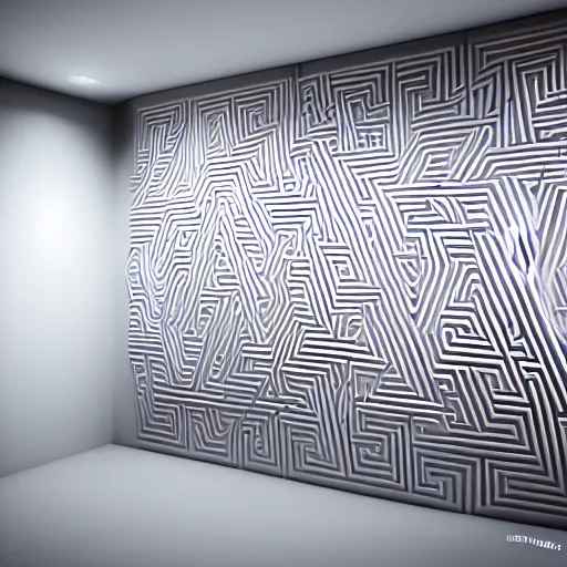 Prompt: : pattern maze sculpture art on the wall in modern architecture studio, cinematic lighting, hyper - realistic, detailed, render by c 4 d octane, unreal engine, 8 k 3 d render