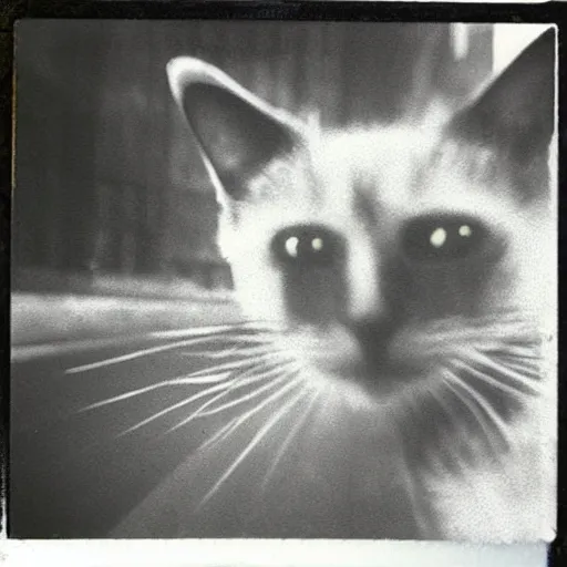 Image similar to black cat on a rollercoaster looping. focus on cats face. sunlight. polaroid photo. bright colors.