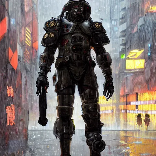 Prompt: a cyberpunk soldier in heavy armor on a crowded street in the rain, au naturel, hyper detailed, digital art, trending in artstation, cinematic lighting, studio quality, smooth render, unreal engine 5 rendered, octane rendered, art style by klimt and nixeu and ian sprigger and wlop and krenz cushart intricate artwork by Tooth Wu and wlop and beeple. octane render, trending on artstation, greg rutkowski very coherent symmetrical artwork. cinematic, hyper realism, high detail, octane render