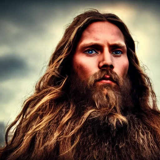 Prompt: hyperrealistic photograph of a brown-haired viking Jesus Christ, 8k, profile picture, cinematic, high contrast, epic real fantasy, stoic facial expression, looking at the camera