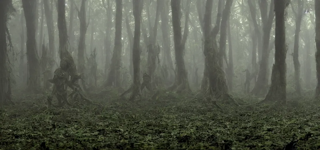 Image similar to a complex organic fractal 3 d metallic symbiotic ceramic humanoid megastructure eldritch horror creature in a swampy lush forest, foggy, cinematic shot, photo still from movie by denis villeneuve