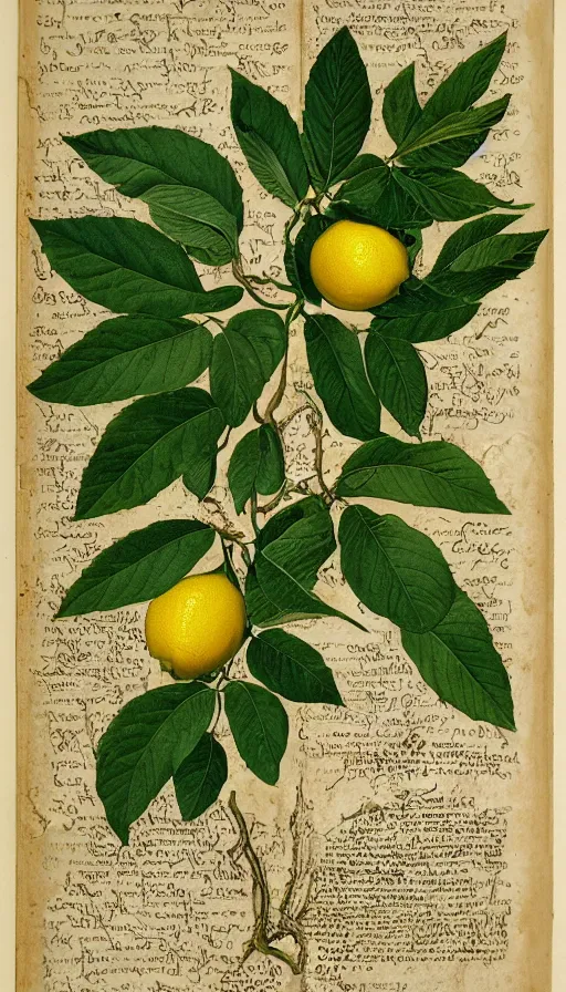 Image similar to encyclopedia drawing of lemon, whole plant, manuscript