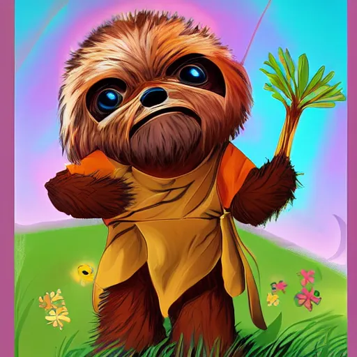 Image similar to cute ewok childrens book cover, colourful, digital art