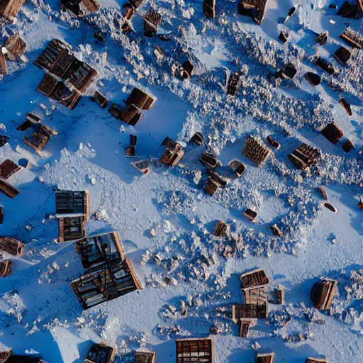 Image similar to sattelite image of post pocaliptic snow from 250 meters height, old lumber mill remains, few crates with wood and supply, beautiful icy area