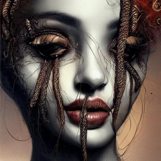 Prompt: portrait of a Shibari rope wrapped face and neck, headshot, insanely nice professional hair style, dramatic hair color, dark skin tones, digital painting, of a old 13th century, traveler, amber jewels, baroque, ornate clothing, scifi, realistic, hyperdetailed, chiaroscuro, concept art, art by Franz Hals and Jon Foster and Ayami Kojima and Amano and Karol Bak,