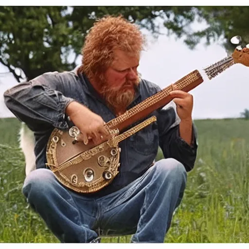 Image similar to redneck cat playing banjo, 8 k, movie still,