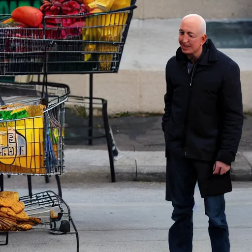 Image similar to homeless jeff bezos begging for food, highly detailed, photograph