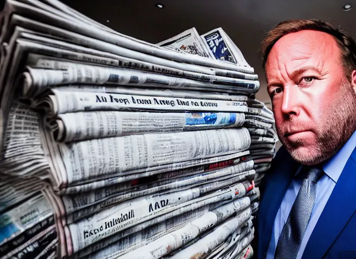 Image similar to dslr photo still of infowars host alex jones in a blue suit fat grey beard and mustache in a!!! room filled to the ceiling with newspapers newspapers to the ceiling newspapers everywhere stacks of newspapers!!!!!! looking at an iphone in shock gazing at an iphone in his hand scared look at iphone being held up!!!, 5 2 mm f 1. 8