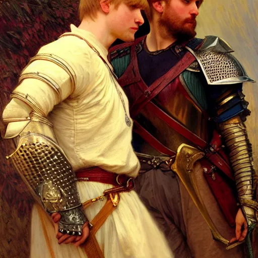 Image similar to attractive arthur pendragon and his attractive male knight, they are in love, natural lighting, path traced, highly detailed, high quality, digital painting, by gaston bussiere, craig mullins, alphonse mucha j. c. leyendecker