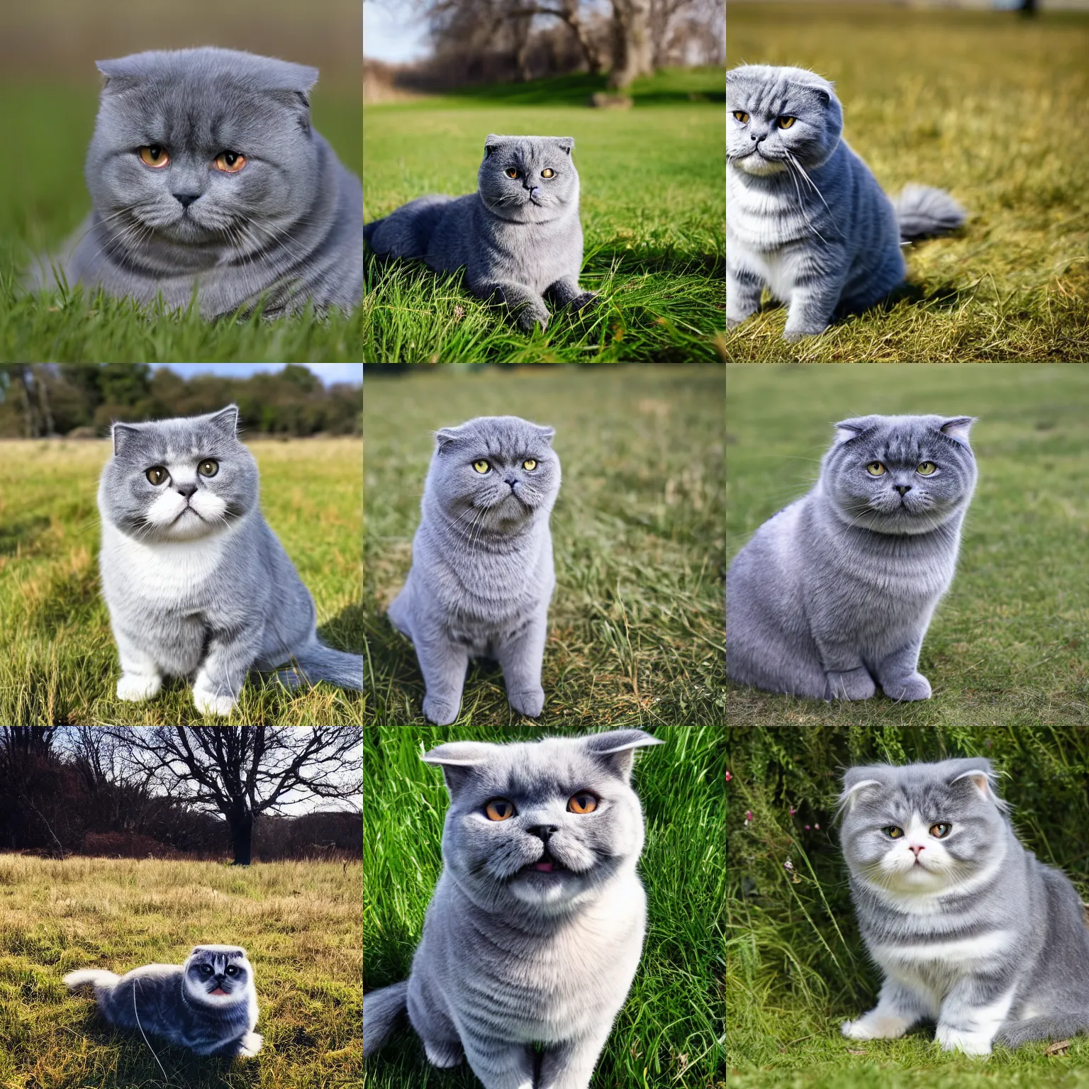 Prompt: a dim gray scottish fold sitting in the middle of sunny meadow