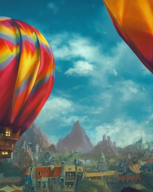 Image similar to flying cloud castle, buildings, baloons, machines, bright, blue sky, mountains, colorful, cinematic lighting, fantasy, high detail, illustration, masterpiece, artstation, 4 k, art by wylie beckert and jana schirmer