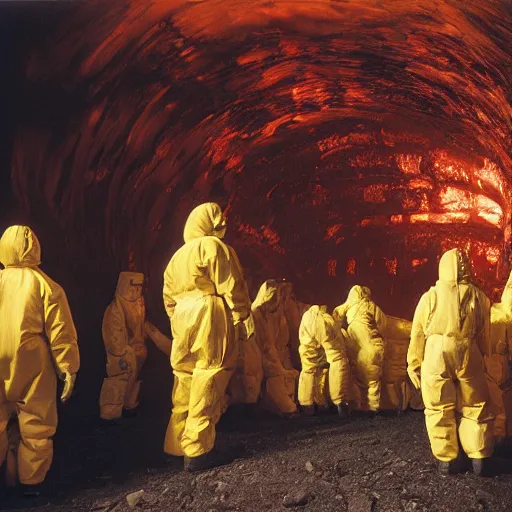Image similar to wide - shot photo of a group of scientists in hazmat suits, studying a hell open rift portal, by shaun tan, codachrome, hellish, unsettling, otherworldly, blood, machines, 8 k, hd, highly detailed,