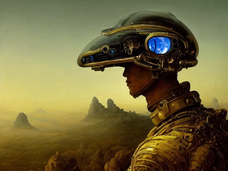 Image similar to a detailed profile oil painting of a humanoid soldier on an alien landscape with reflective visor, flight suit, portrait symmetrical and science fiction theme with aurora lighting by beksinski carl spitzweg and tuomas korpi. baroque elements, full-length view. baroque element. intricate artwork by caravaggio. Trending on artstation. 8k