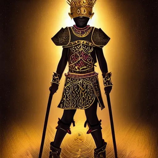 Image similar to a young black boy dressed like an african moorish warrior in gold armor and a crown with a ruby, and a very ornate glowing electric spear!, for honor character digital illustration portrait design, by android jones in a psychedelic fantasy style, dramatic lighting, hero pose, wide angle dynamic portrait