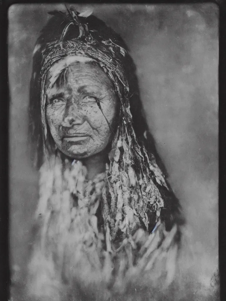 Prompt: a faded old black and white wet plate photo of a beautiful american indian female,