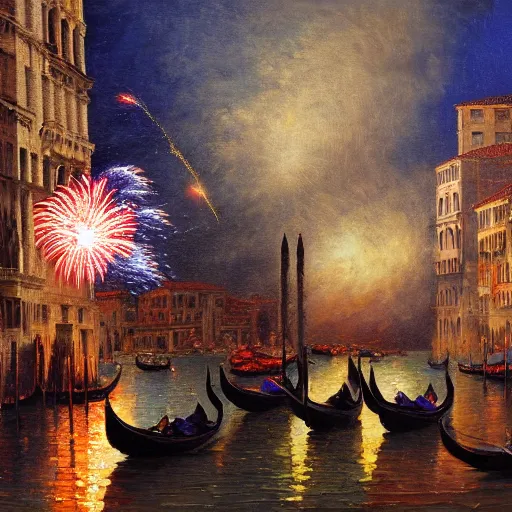 Image similar to an oil painting of fireworks, with happy people in venice