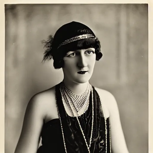 Prompt: photograph of a woman wearing flapper fashion, 1 9 1 0's, looking at the camera, aesthetic, elaborate, intricate, highly detailed, detailed face, photorealism, smooth, sharp focus, rim light, 8 k, art by man ray,