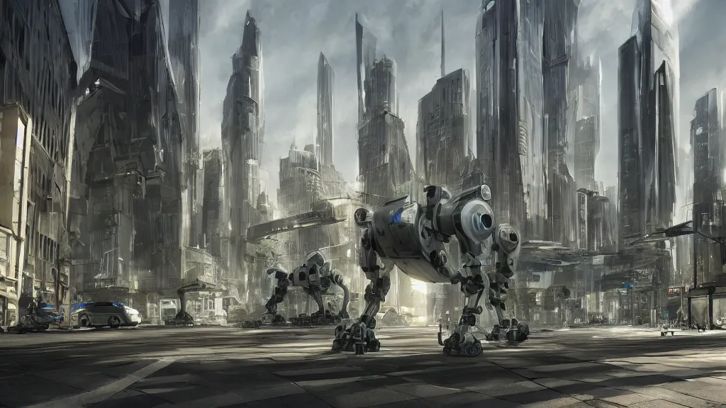 Prompt: Amazing photorealistic digital concept art of a guardian robot in a futurstic city, by James Clyne and Joseph Cross. Cinematic. Wide angle. Clean lines. Balanced composition.