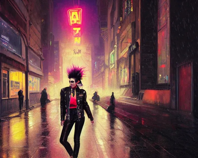 Prompt: painting of a punk woman in a leather bomber jacket on a rainy street at night, neon lighting, medium shot, symmetrical, elegant intricate digital painting, trending on artstation, by artgerm and greg rutkowski and alphonse mucha