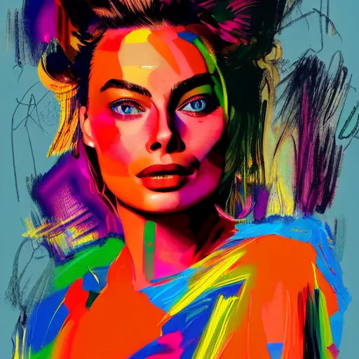 Prompt: colorful sketch, ultra detailed, fashion, magic, beautiful woman, similar to margot robbie flies into space, surreal, in style of jean - michel basquiat, trending on artstation