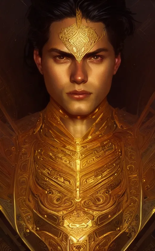 Image similar to portrait of a young handsome dark god, gold wires, intricate, headshot, highly detailed, digital painting, artstation, concept art, sharp focus, cinematic lighting, illustration, art by artgerm and greg rutkowski, alphonse mucha, cgsociety