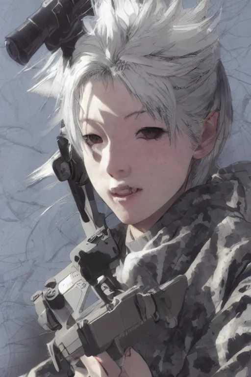 Prompt: girl, silver hair (ponytail), (winking), multicam (camo), trending on artstation, detailed, cinematic full body shot, ilustration by Takehiko Inoue (((and Yoann Lossel))) ((((and Yoji Shinkawa))))