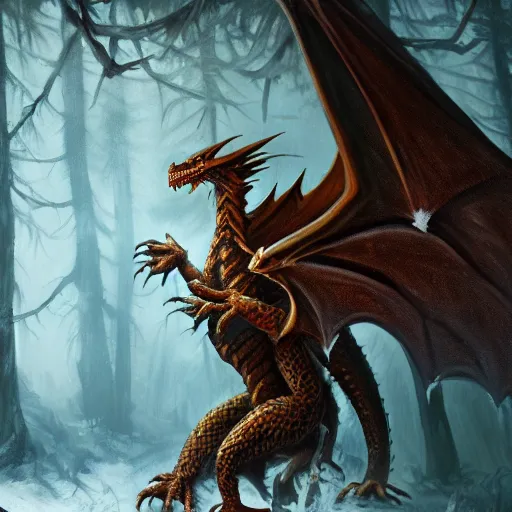 Image similar to oil painting of dragon in cold forest, dnd character, fantasy, magic, realistic textured skin, big lizard head, eagle feather, glowing eyes, clear clean, artgem, boris valejo, goro fujita, frank frazetta, heavy metal style, trending on artstation, digital painting, julie bell, beautiful, very detailed, pixar