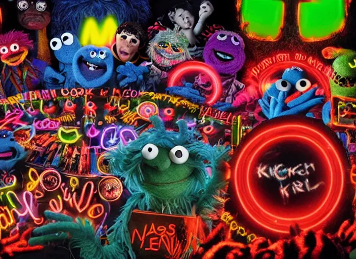 Image similar to 8k hyper realistic detailed image, swirl, unholy Cookie Monster rites in a coven of Muppets, Black Frank the goat and neon pentagram in the center, rich deep colors, neon colors, cinematic shot by Alfonso Cuaron, part by Gaspar Noe, part by stanley kubrick, ultra detailed