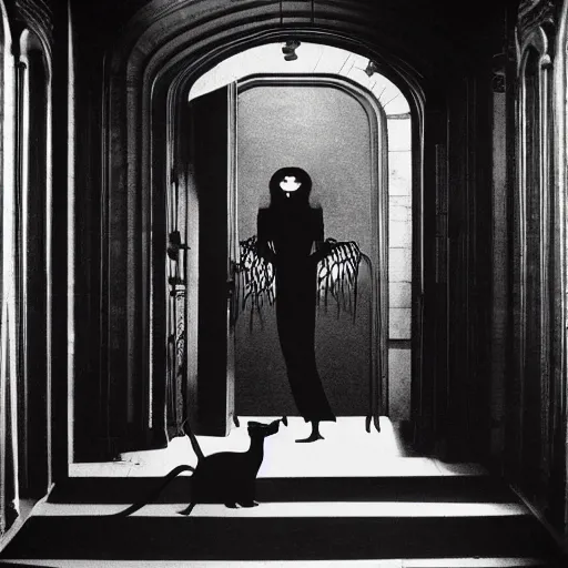 Image similar to Ripley and cat Jonesy moving apartment New York City 1983, gothic building entrance way art Deco H.R. Giger, cinematic feel, high octane