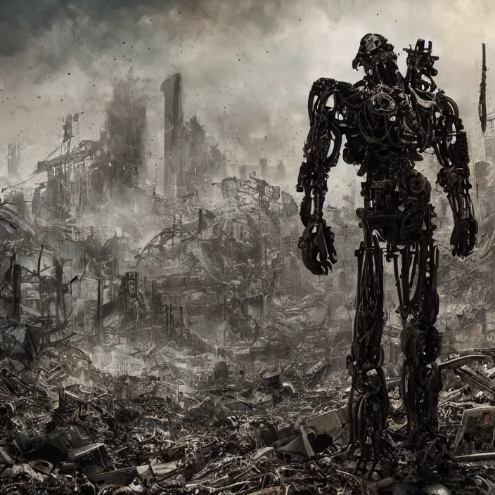 Prompt: gritty humanoid apocalyptic cyborg standing amongst destroyed machinery, hyper - detailed, sharp focus, 4 k ultra hd, fantasy dark art, apocalyptic art