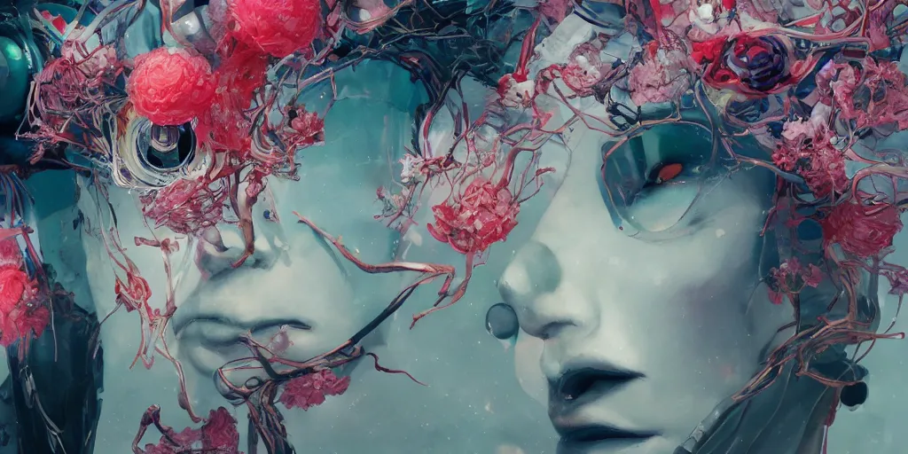 Prompt: surreal gouache painting, by yoshitaka amano, by ruan jia, by conrad roset, by kilian eng, wide angle, by good smile company, detailed anime 3 d render of a mechanical android head with flowers growing out, portrait, cgsociety, artstation, modular patterned mechanical costume and headpiece, retrowave atmosphere