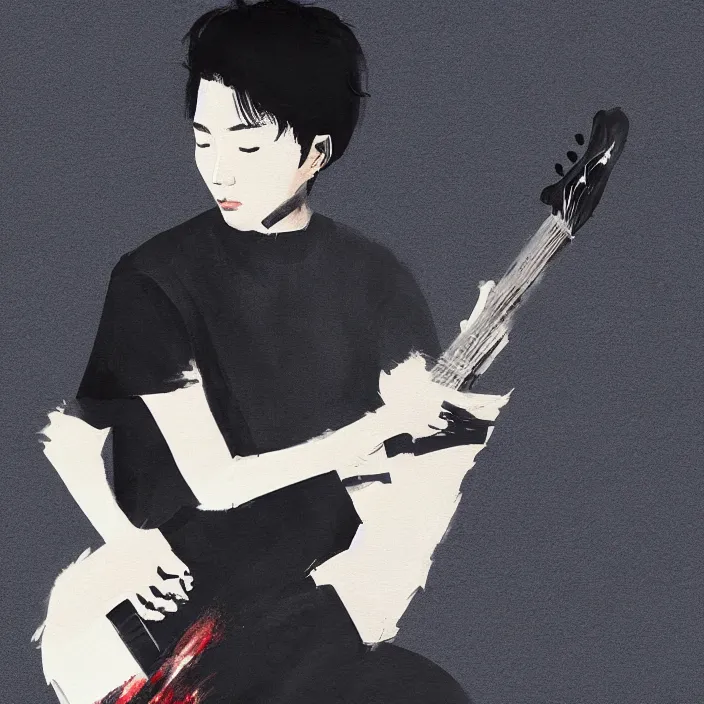 Prompt: a young korean man wearing black t shirt holding an electric guitar!!, dark background, huge brush strokes, dramatic smoke everywhere, matte colors, dramatic brush strokes, abstract, trending on artstation