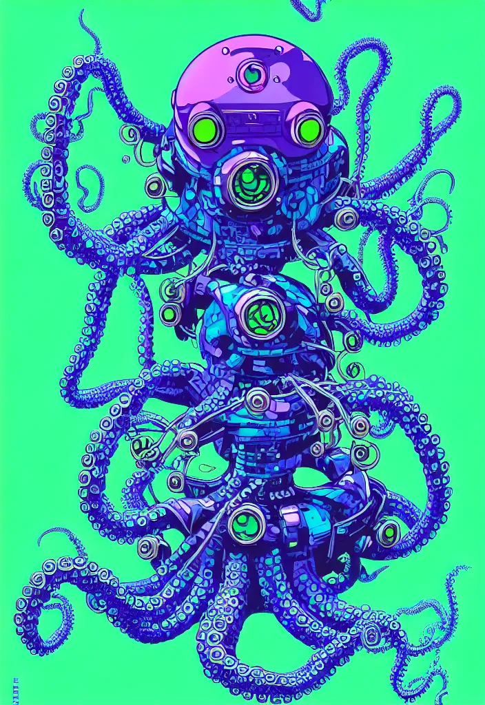 Image similar to robotic cyberpunk octopus by miyazaki, blue green purple black color palette, symmetrical vector illustration, kenneth blom, mental alchemy, james jean, pablo amaringo, naudline pierre, contemporary art, hyper detailed