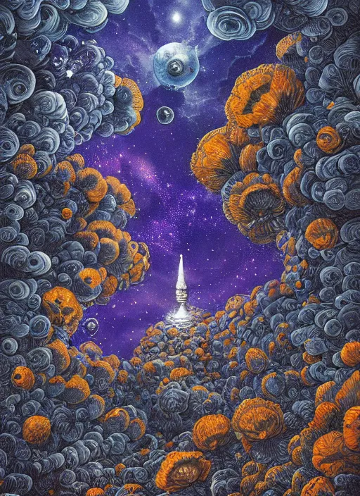 Image similar to detailed, intricate blue black and purple papaverum flower on the field, nebula, galaxy in the sky, winning award masterpiece, fantastically beautiful, illustration, aestheticly inspired, jacek yerka, upscale with anguissola sofonisba work, artstation, 8 k