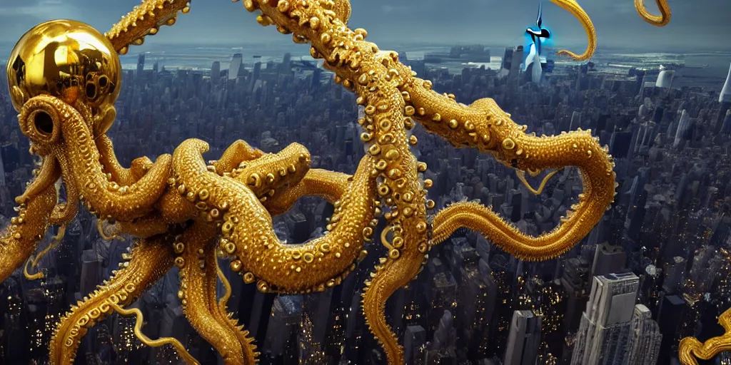 Prompt: a photo of 8 k ultra realistic corrupted lovecraftian golden humanoid queen above new york, 8 intricate white and gold tentacles, ornate white and gold armour, cinematic lighting, trending on artstation, 4 k, hyperrealistic, focused, extreme details, unreal engine 5, cinematic, masterpiece