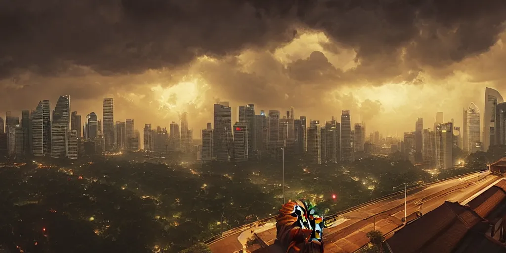 Image similar to Singapore city with a lion-shaped cloud in the sky, by greg rutkowski, red and white lighting, digital art, ultra realistic, ultra detailed, photorealistic, 4k, character concept