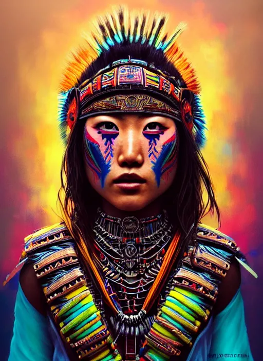 Prompt: portrait of karen fukuhara, hyper detailed ultra sharp aztec shaman warrior. trending on artstation, warpaint aesthetic, bloodwave, colorful, psychedelic, ornate, intricate, digital painting, concept art, smooth, sharp focus, illustration, art by artgerm and greg rutkowski and h. r. giger, 8 k