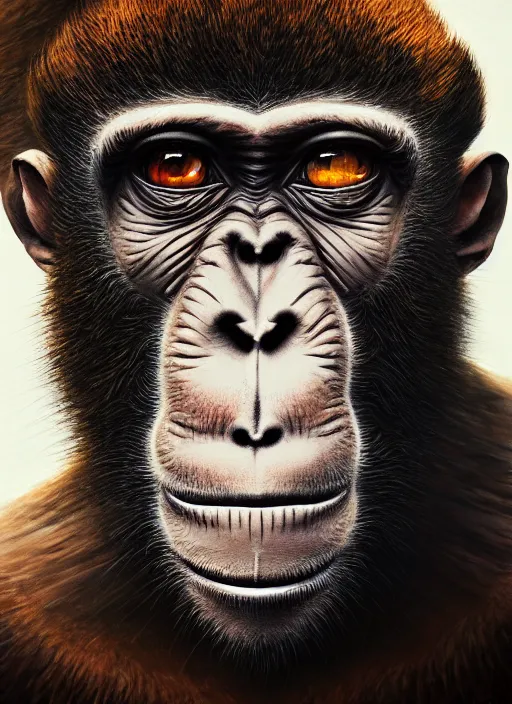 Image similar to close up portrait of a monkey monster in the mountains of hell, oil painting by tomasz jedruszek, cinematic lighting, pen and ink, intricate line, hd, 4 k, million of likes, trending on artstation