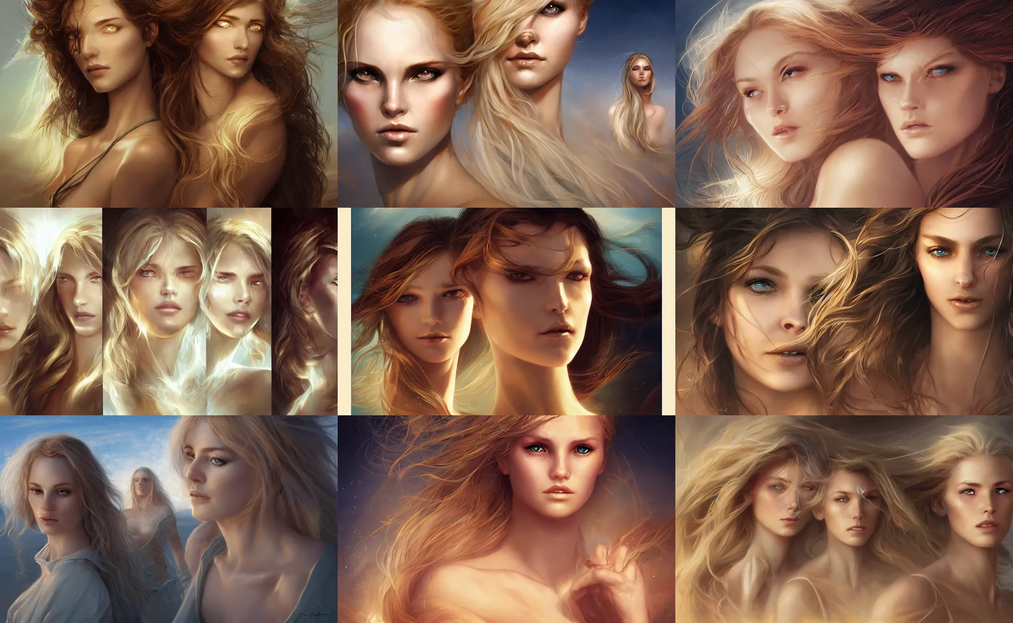 Prompt: hour glass, sand, wind, light rays, full faces, natural eyes coherent composition, golden cut, by Charlie Bowater, by Mark Brooks