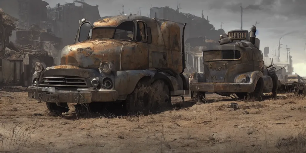 Image similar to fallout concept art truck render ultra unreal engine 5