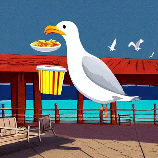 Prompt: A flying seagull holding 🍟, at the pier, illustration, storybook, Artstation