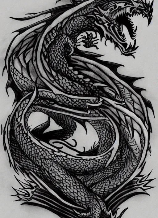 Prompt: dragon, sketch tattoo, dark, black theme, japan style, highly detailed, masterpiece, trending on artstation, golden ratio, cinematic romantic magical, perfect intricate