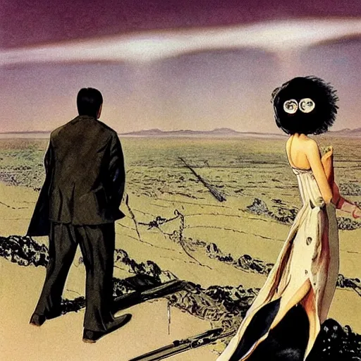 Image similar to i wouldn't marry you if you were the last man on earth!, apocalypse wedding, crying sad miserable unhappy bride, laughing groom, doomsday, radiation, nuclear holocaust by robert mcginnis and chesley bonestell