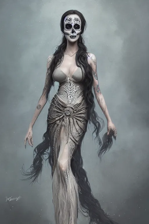 Image similar to ultra realist and ultra intricate detailed character concept art of a beautiful slim but curvy muerte girl in a long dress, thin lustrous hair, symmetry features, sensual gloomy style, soft painting, volumetric light and fog, fantasy background, artstation, Tom Bagshaw artstyle, unreal render