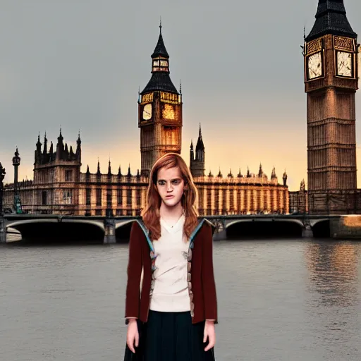 Prompt: Photograph of Emma Watson as Hermione Granger in front of Big Ben. Extremely detailed. Award winning. Cinematic. 4K. Lightroom.