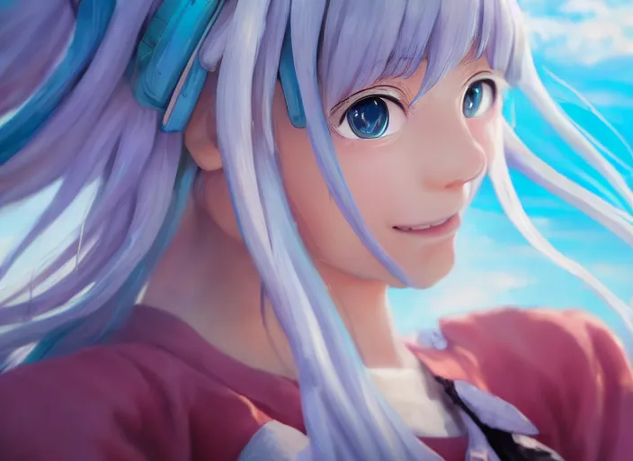 Prompt: A utradetailed close up portrait of joyful school girll is hatsune miku. nature and city on the background , highly detailed oil painting, render, rhads, Bruce Pennington, Studio Ghibli, tim hildebrandt, digital art, octane render, beautiful composition, trending on artstation, award-winning photograph, masterpiece,8k, high quality sharp anime classic anime from 2010 in style of Hayao Miyazaki