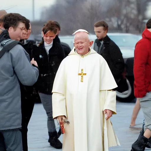 Image similar to john paul ii in a black puffed nuptse, black cargo pants and high black boots, press paparazzi photograph