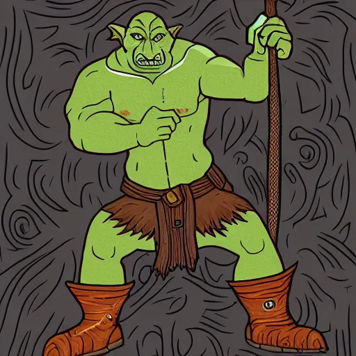 Prompt: illustration of a orc in a maze wielding an axe, full body view, line art, illustrated, simple colors, detailed textures