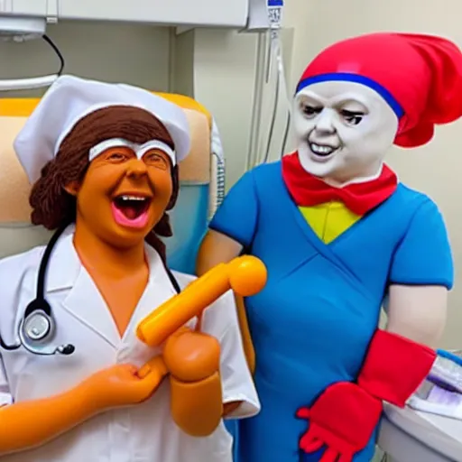 Image similar to photo of a happy patient and doctor or nurse in a hospital room made out of soft candy, candy hospital equipment, candy hospital room, candy treatments, oompa loompa virus, willy wonka pandemic